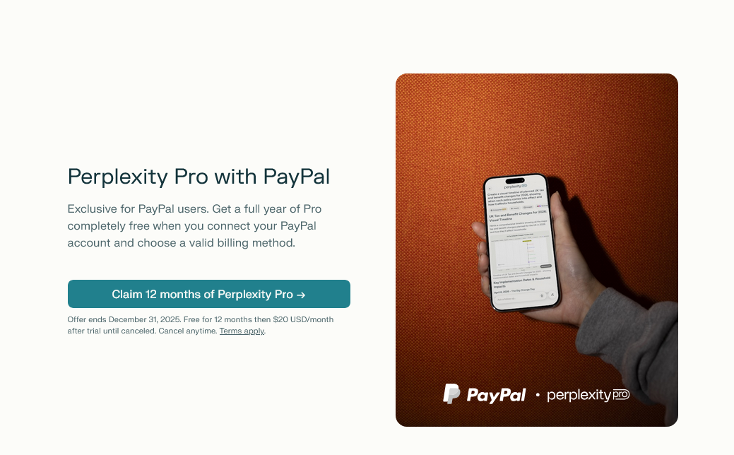 Ganhe 1 Ano Grátis de Perplexity Pro com a sua Conta PayPal